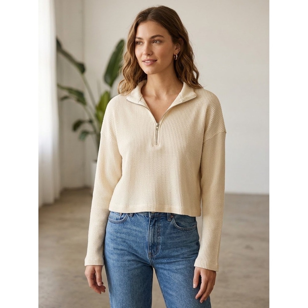 Reformation Jeans Cream Waffle Knit Quarter Zip Pullover Cotton Sweater Medium M